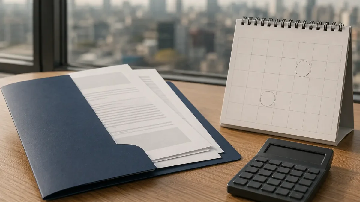 Carpeta con documentos, calendario y calculadora para calcular plazos y deuda de renta