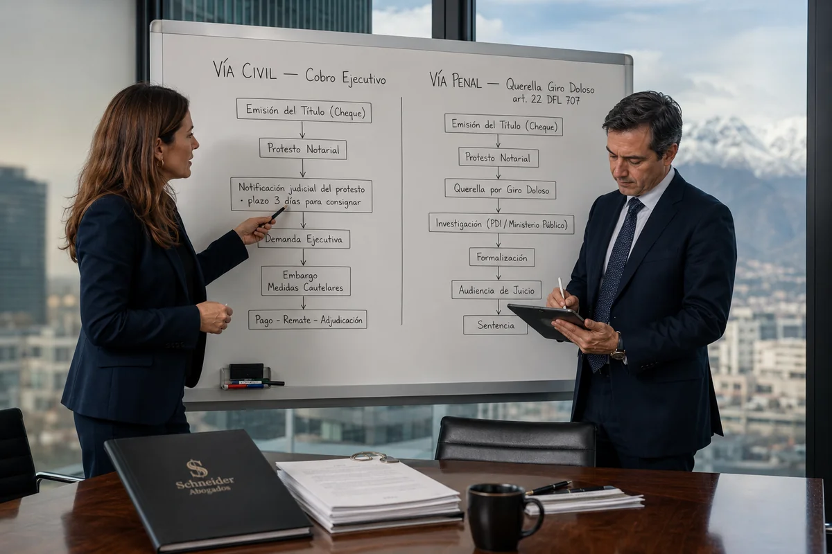 Estrategia coordinada civil y penal por giro doloso de cheques — Schneider Abogados Chile