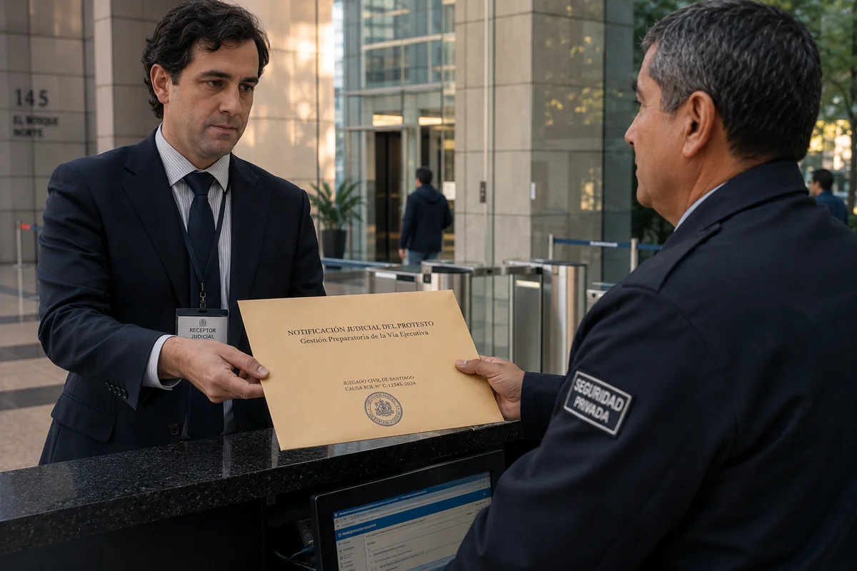 Receptor judicial entregando notificación de gestión preparatoria del protesto de cheque en oficina corporativa de Las Condes