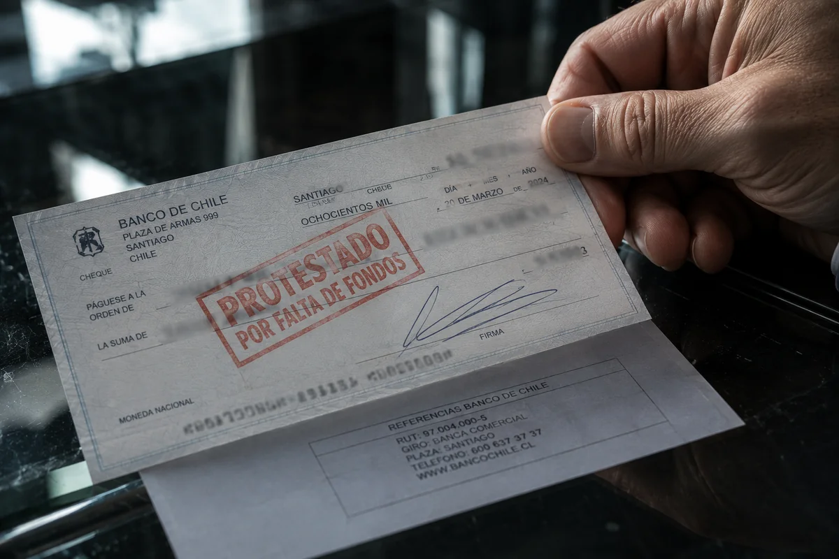 Cheque chileno protestado por falta de fondos en oficina del afectado — paso previo a la querella por giro doloso