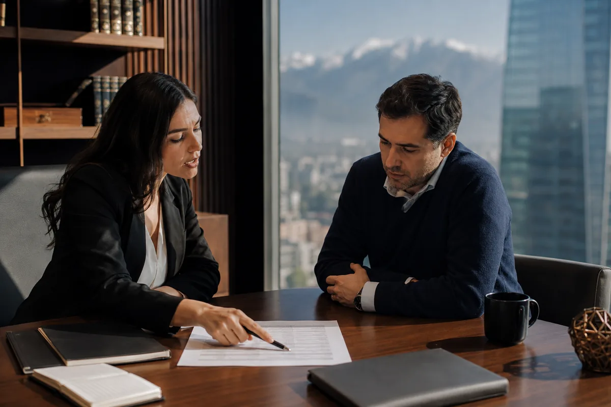 Paciente y abogado revisan las garantías GES de acceso, oportunidad, calidad y protección financiera que la isapre debe cumplir