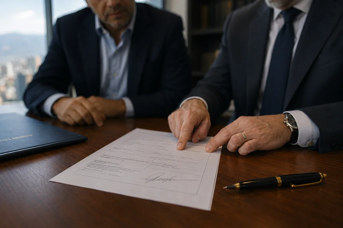 Abogados revisando un contrato de compraventa mercantil en oficina del WTC Las Condes, Schneider Abogados