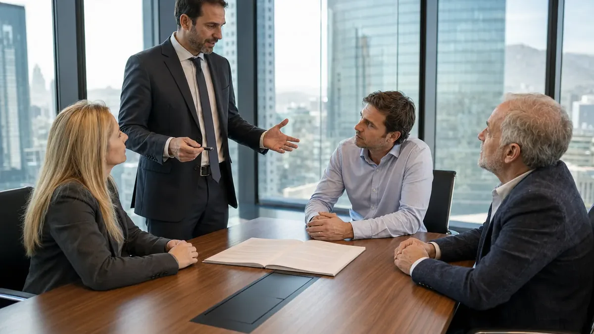 Reunión entre la ejecutiva del banco, el empresario y el representante del proveedor, con un abogado mediando