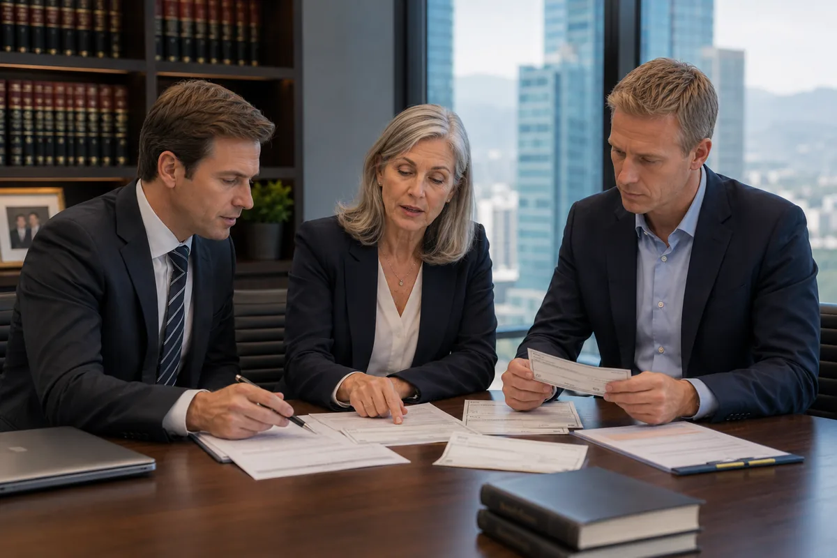 Abogados revisando un contrato mercantil en oficina del WTC Las Condes, Schneider Abogados