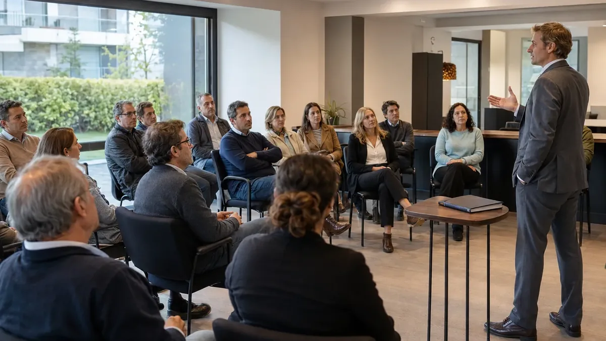 Asamblea de copropietarios reunida en la sala multiuso del condominio mientras un abogado explica un punto