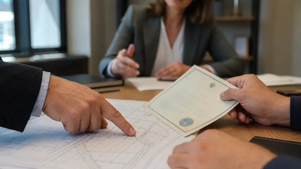 Dos pares de manos comparan sobre la mesa un plano de subdivisi&oacute;n con un certificado de dominio vigente