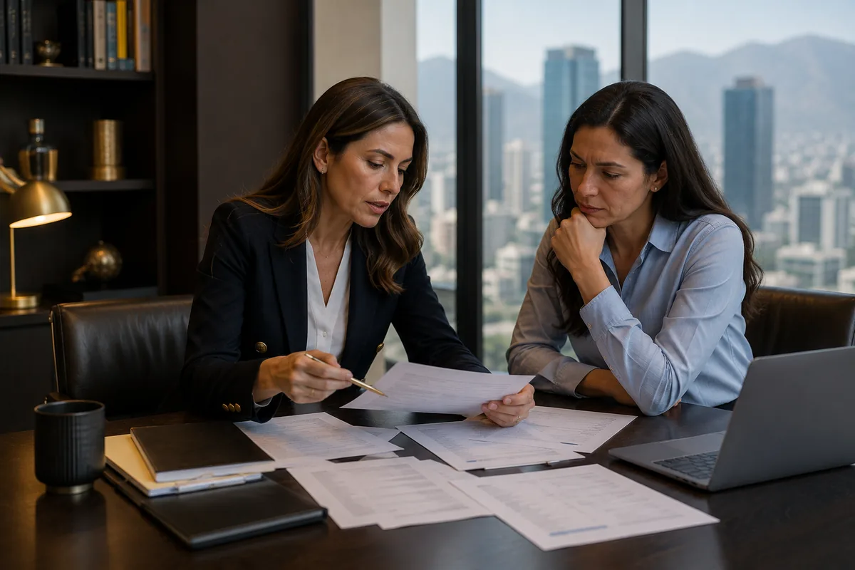 Abogada laboral de Schneider analiza con una trabajadora los indicios de una posible discriminación laboral, revisando correos y documentos, en la oficina del World Trade Center, Las Condes