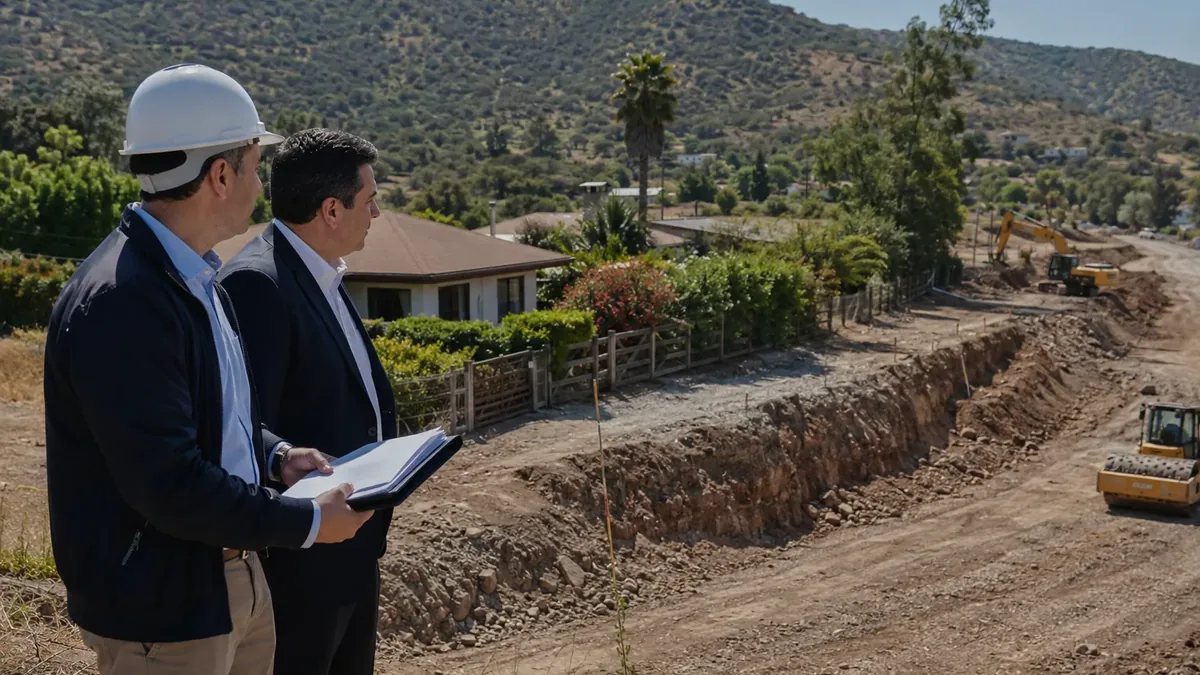 Terreno cortado en dos por la faja de una obra vial en construcci&oacute;n, con estacas de replanteo