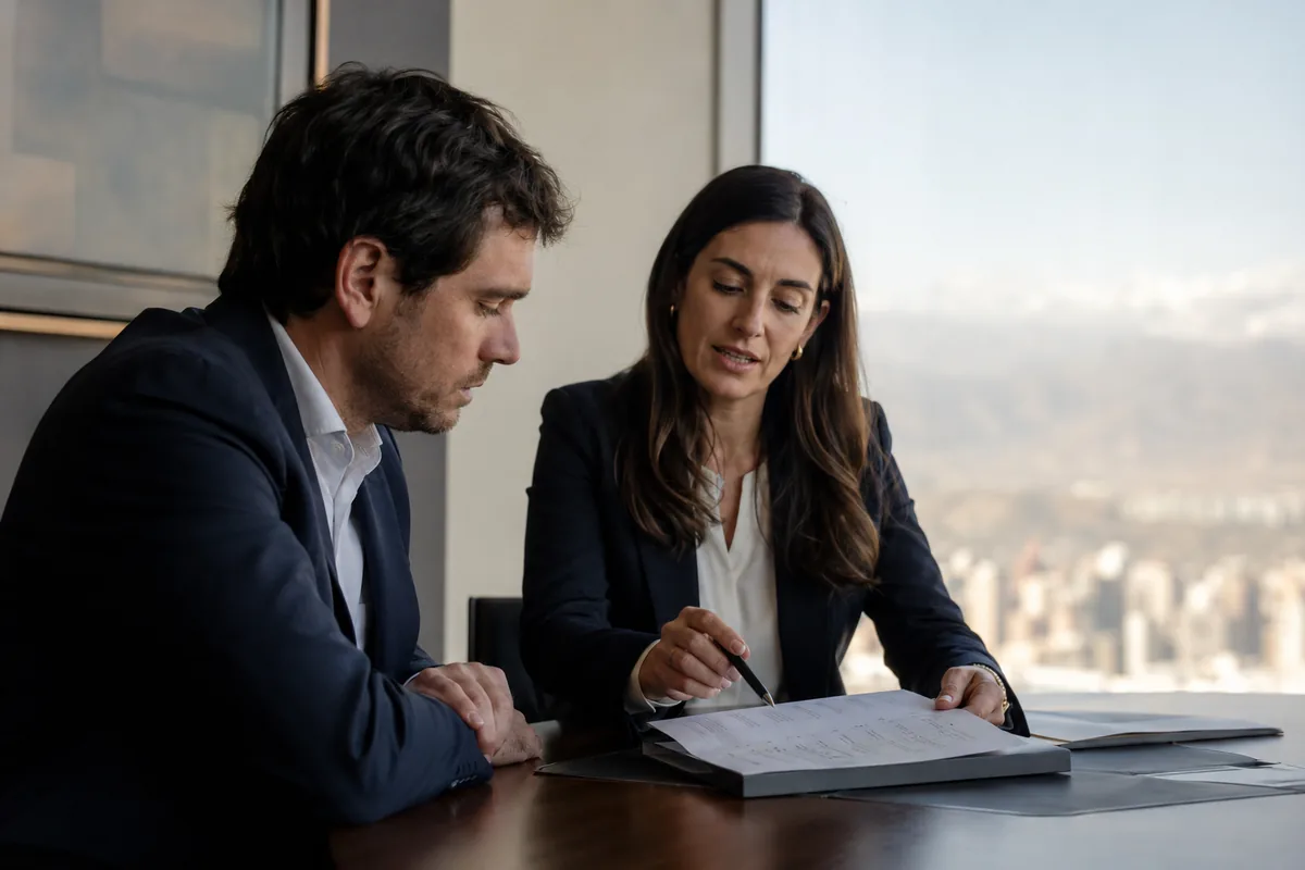 Abogada laboral de Schneider revisa con un trabajador el desglose de su finiquito antes de firmarlo, en la oficina del World Trade Center, Las Condes