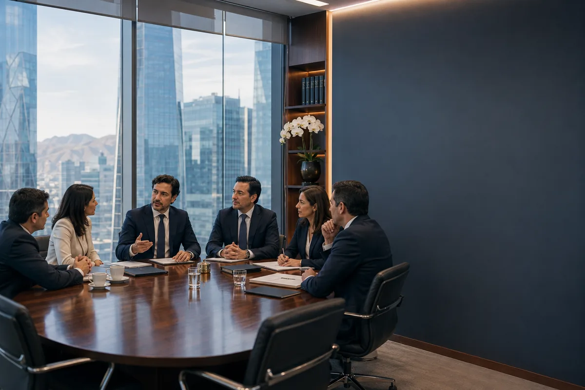 Equipo de Schneider Abogados revisa los términos de una adquisición de empresa en una reunión en el World Trade Center, Las Condes
