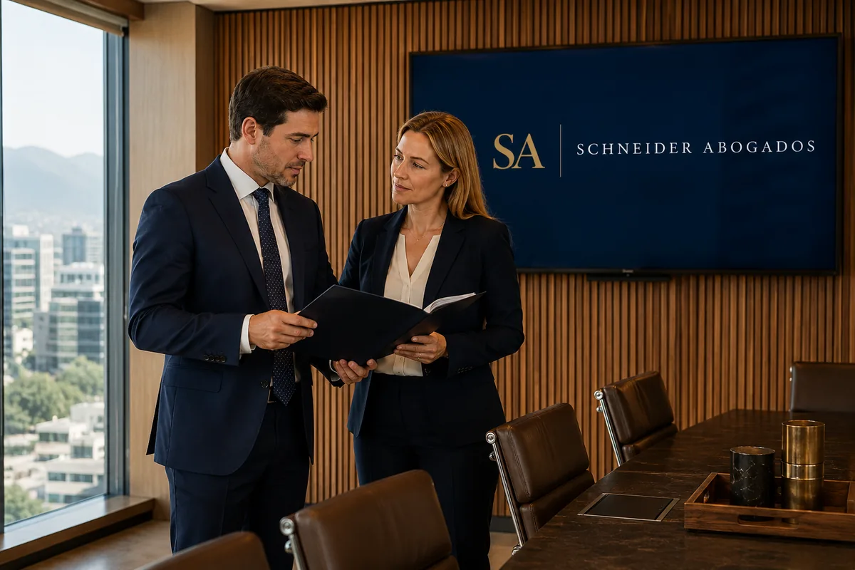 Equipo laboral de Schneider Abogados asesora a un trabajador sobre subterfugio y simulación del empleador, en la oficina del World Trade Center, Las Condes