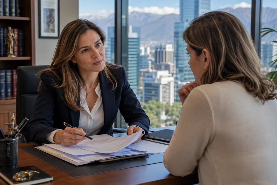 Abogada de Schneider explicando a una clienta los efectos del matrimonio putativo en una oficina del WTC Las Condes