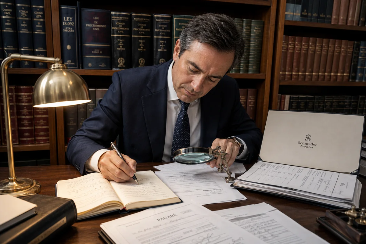 Abogado de Schneider Abogados validando los requisitos del art. 102 de la Ley 18.092 en un pagaré chileno