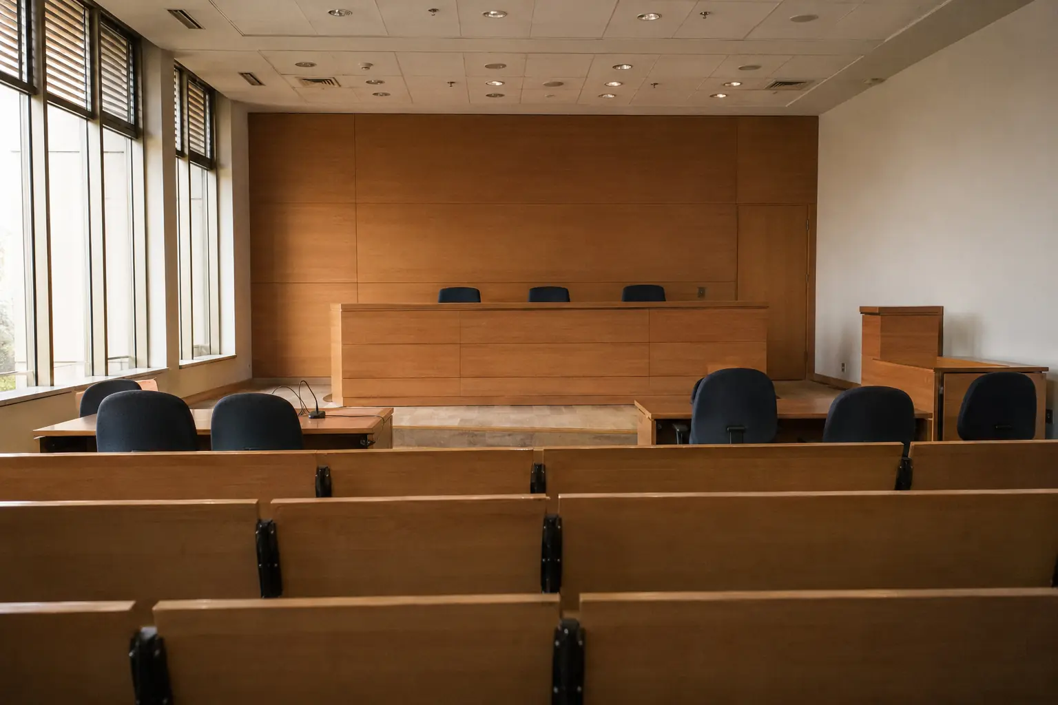 Sala de audiencias vacía de un tribunal de juicio oral en lo penal en Chile