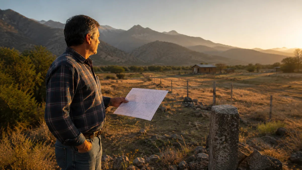 Persona revisando los documentos de un inmueble y planos del predio en un escritorio con la asesoría de un abogado civil en Chile
