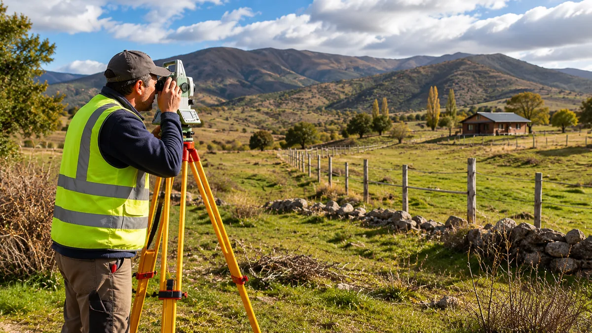 Topógrafo midiendo deslindes de un terreno rural para acreditar la posesión material en un juicio de prescripción adquisitiva