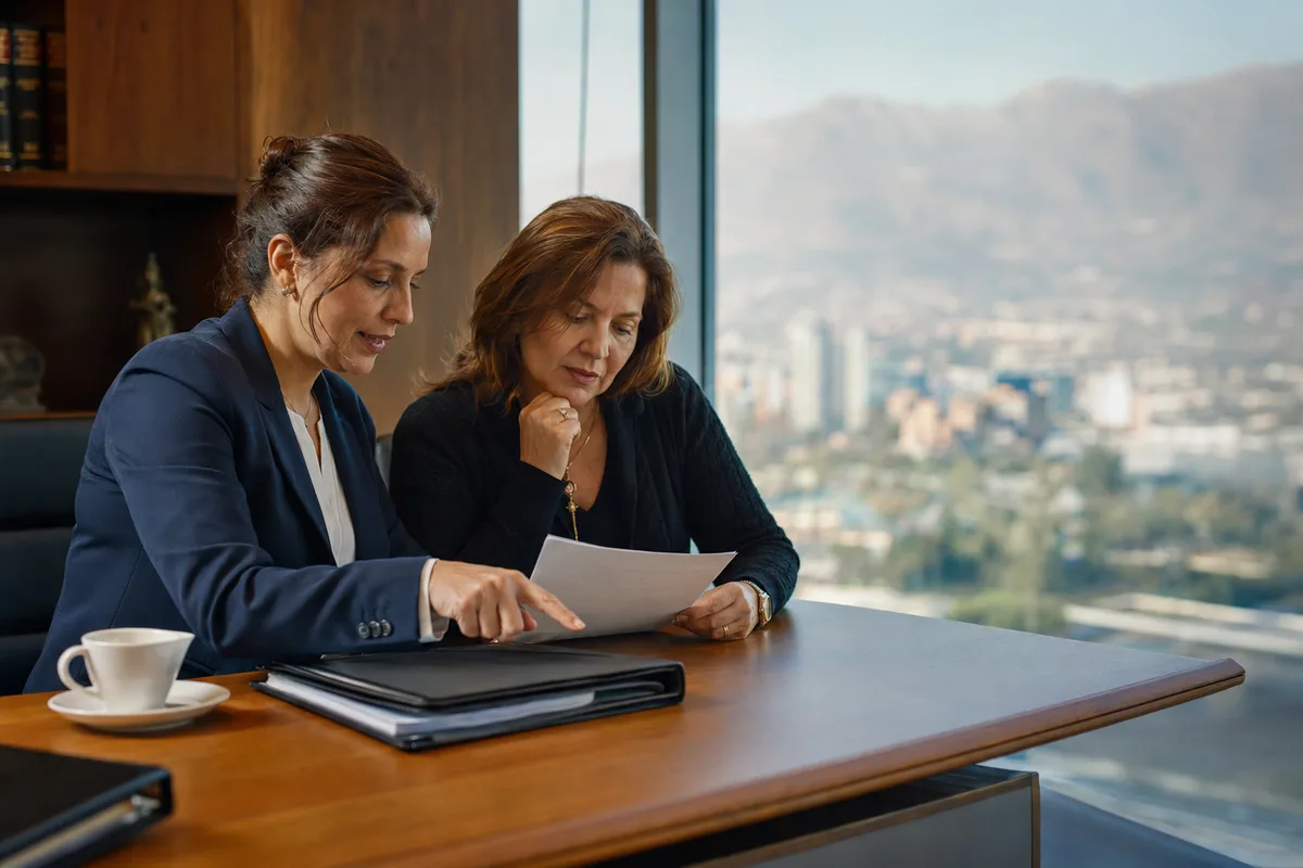 Abogado de Schneider revisa con una afiliada la carta de adecuación de su Isapre en la oficina del World Trade Center, Las Condes