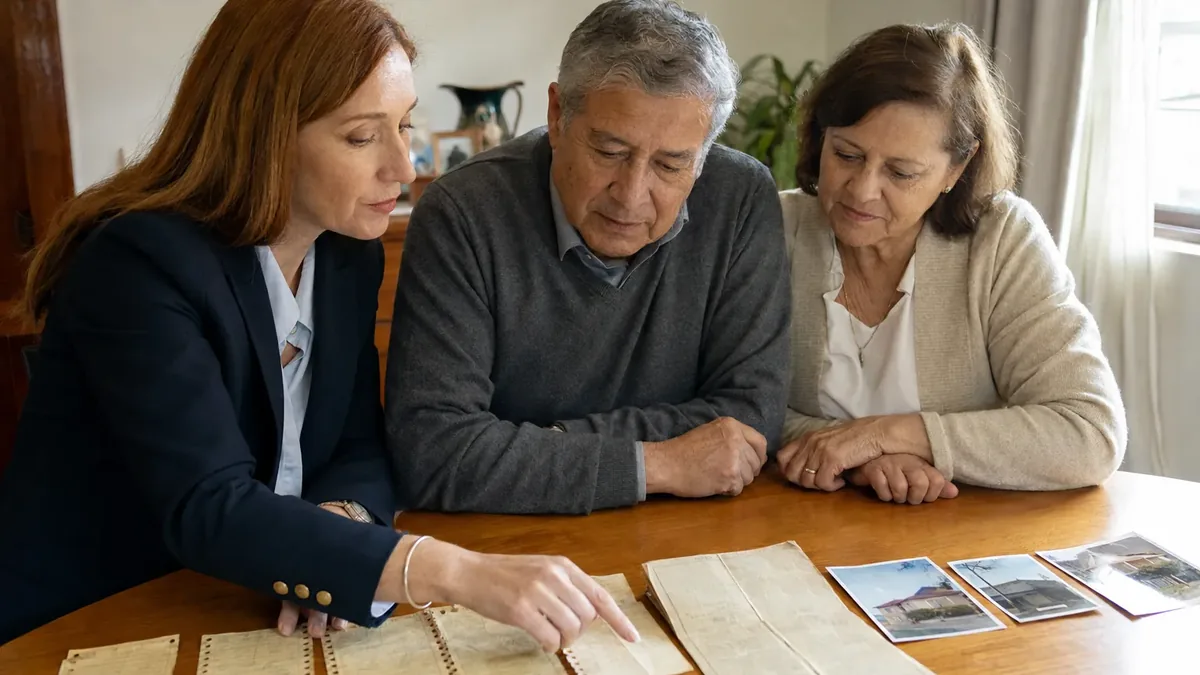 Familia revisa con su abogado los antecedentes de una casa que ocupa desde hace a&ntilde;os sin inscripci&oacute;n a su nombre