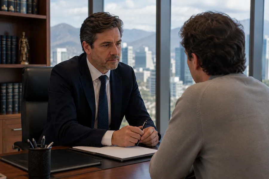 Persona consultando con un abogado con corbata sobre la separación judicial en una oficina del WTC Las Condes