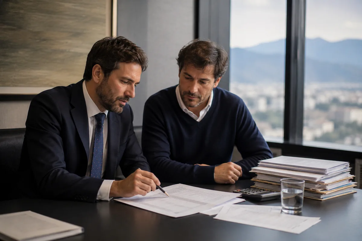 Abogados revisando un contrato de suministro entre empresas en oficina del WTC Las Condes, Schneider Abogados
