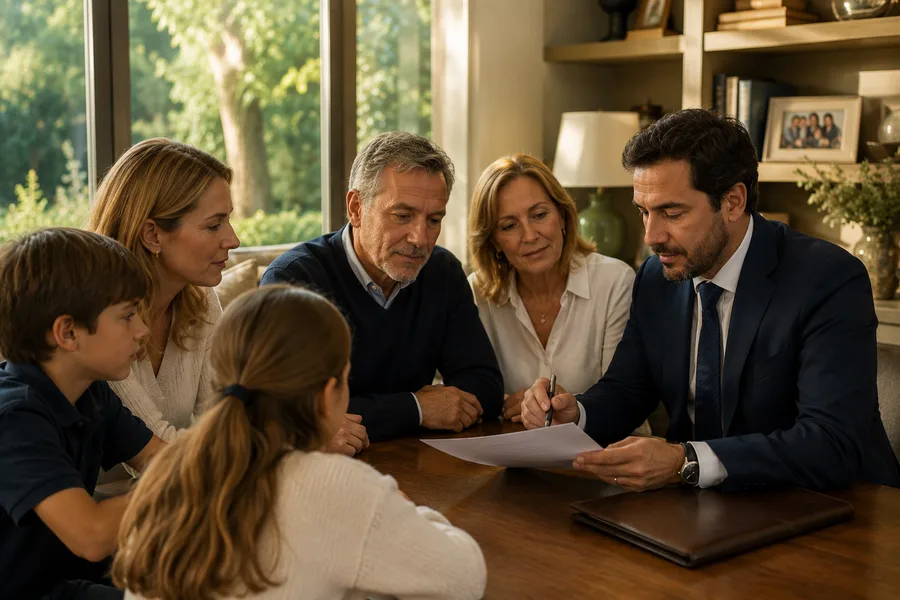 Familia chilena revisando con abogado el mapa sucesorio tras un fallecimiento